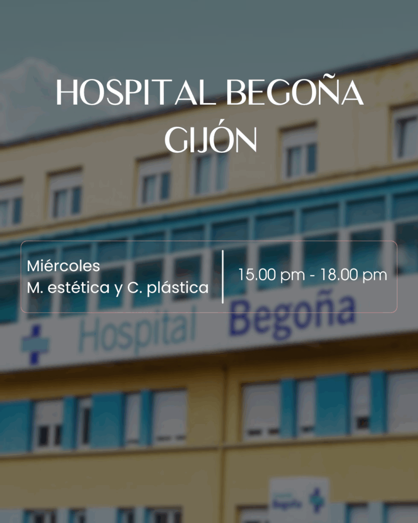 Fotografía exterior del hospital Begoña. Texto información de atención  (horarios y días). 