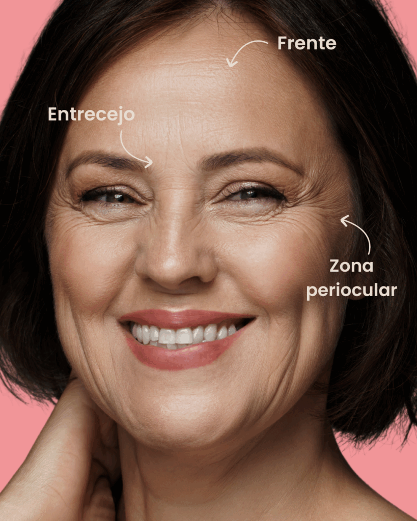 Mujer de mediana edad con arrugas visibles en tercio superior. Se indica partes faciales: frente, entrecejo y zona periocular para la aplicación de neuromoduladores. 